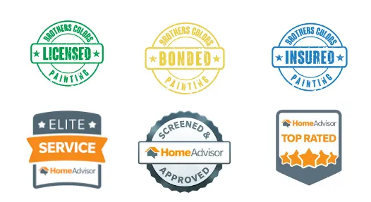 Six icons showing Brothers Colors Painting credentials and HomeAdvisor ratings, including licensed, bonded, and insured.