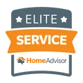 A HomeAdvisor Elite Service badge with grey, orange, and white text and graphics on a white background.